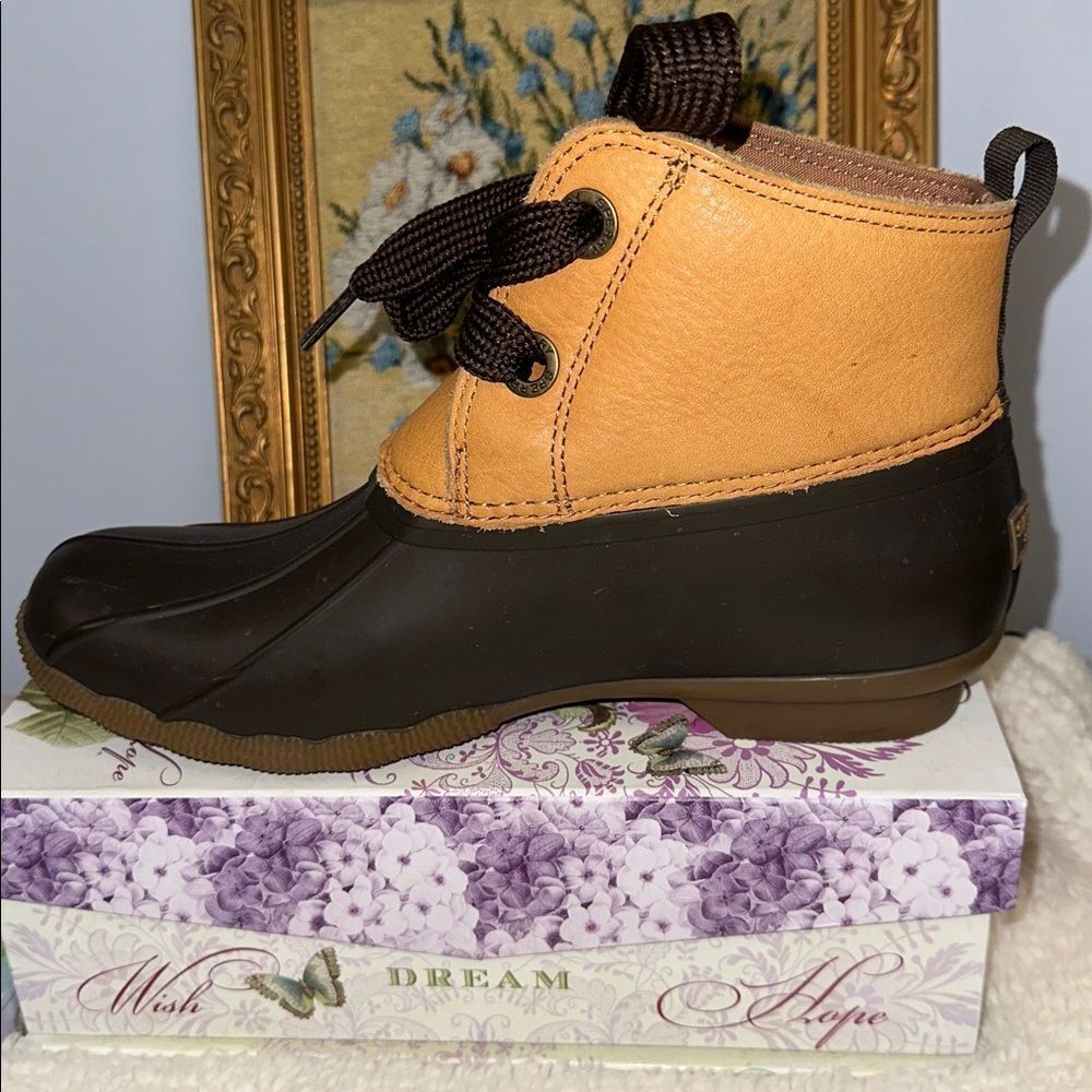 SPERRY 8 Saltwater 2-eye Tan Leather Brown Lace up Ankle Duck Boots - Picture 7 of 15